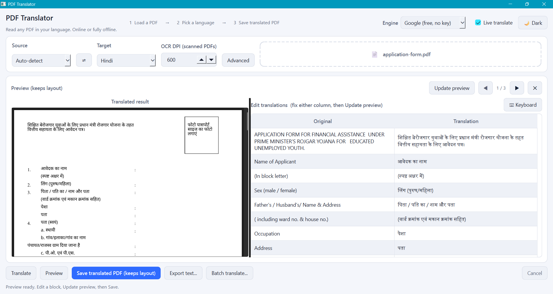 PDF Translator desktop app showing a form translated into Hindi with side-by-side preview